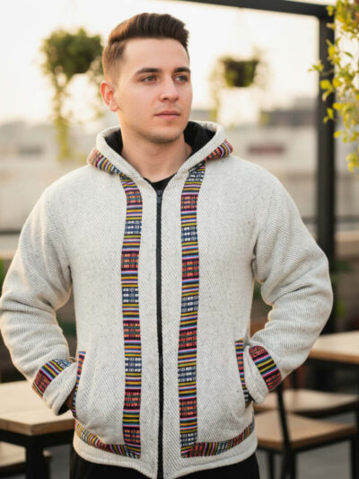 White Printed Jacket With Multicolor Strip Design