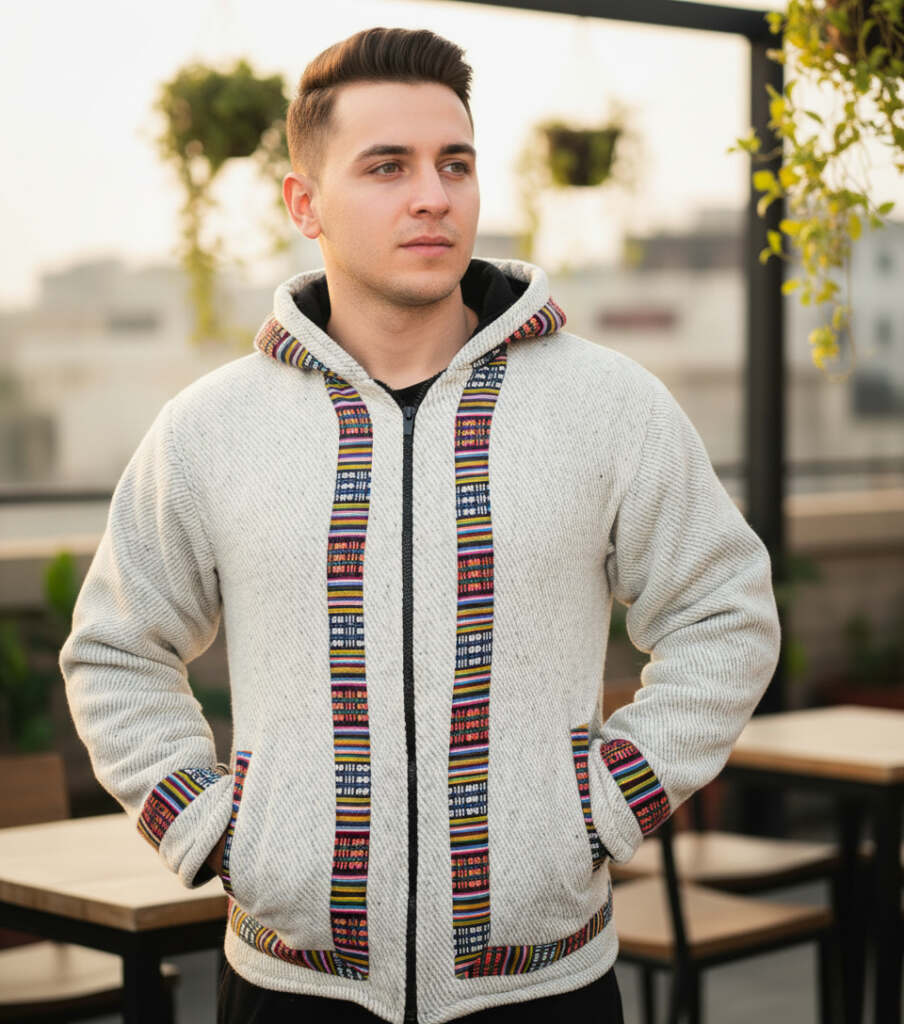 White Printed Jacket With Multicolor Strip Design