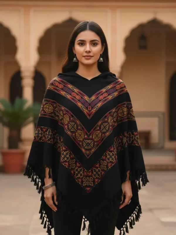 Trendy Himachali Girl's Black Printed Ponchu