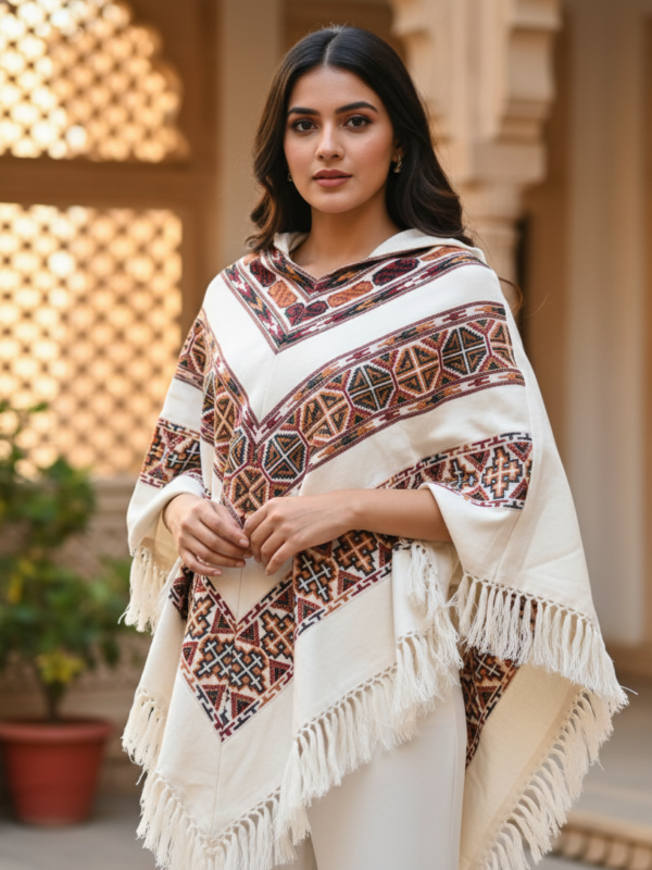 Trendy Himachali Girl's White Printed Ponchu