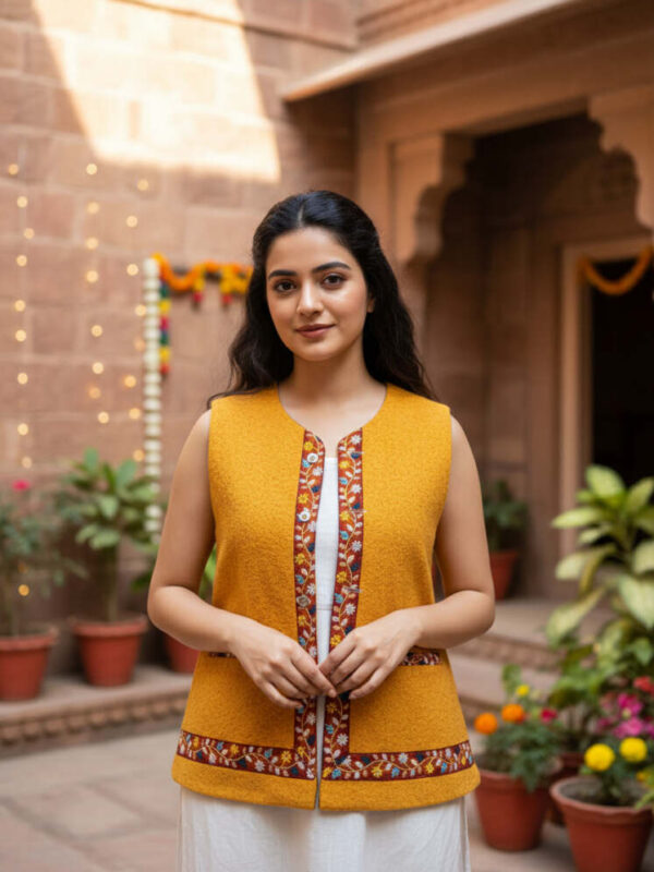 Woolen Jacket with Embroidery work - mustard color