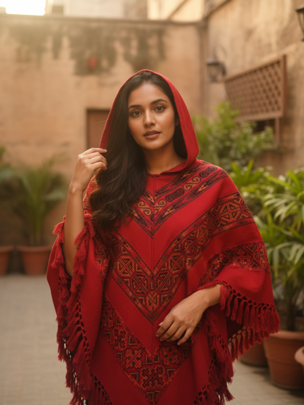 Trendy Himachali Girl’s Red Printed Ponchu