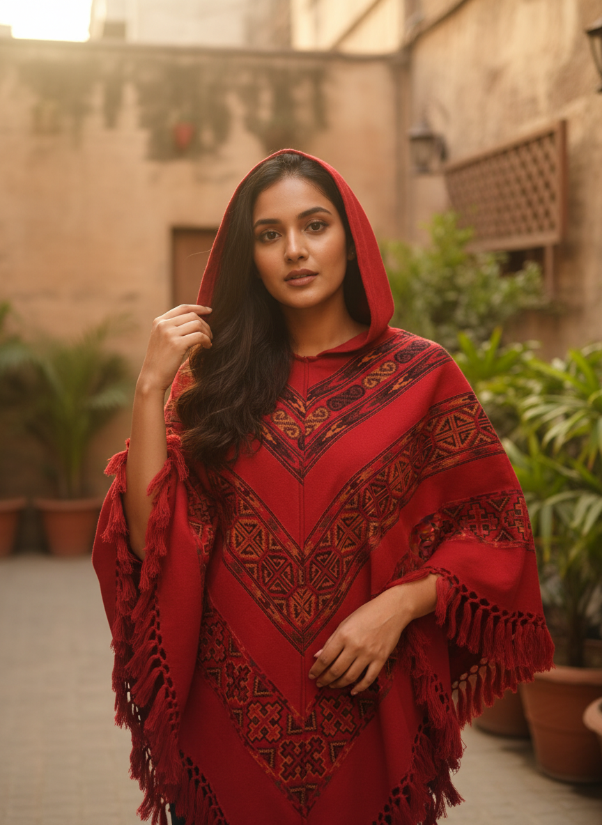 Trendy Himachali Girl’s Red Printed Ponchu