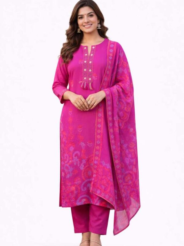 Pink Kaftan Set with Dupatta, Colorful Embroidered Trim