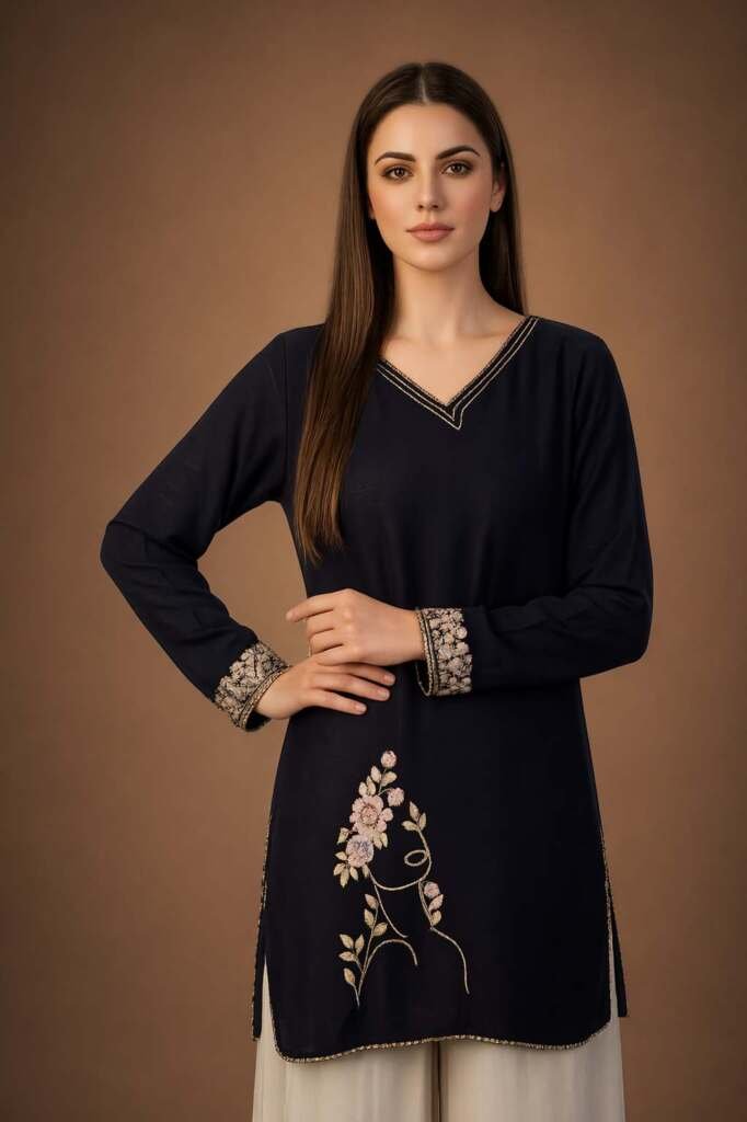 Black Embroidered Short Kurti , Floral Embroidery, V-Neck, Full Sleeves, Cotton Blend - Image 2