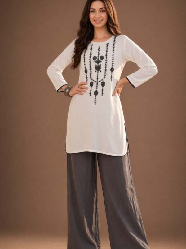 Women’s White Embroidered Short Kurti  – Elegant Ethnic Co-Ord Set
