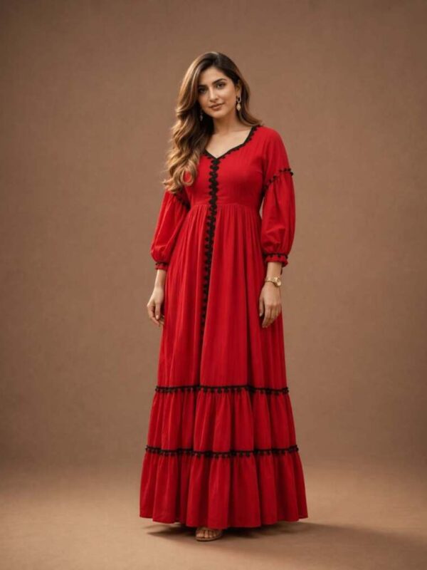Women's Red Tiered Maxi Dress with Black Pom-Pom Trim, V-Neck Long Puff Sleeve Cotton Blend Ethnic Gown, Lightweight