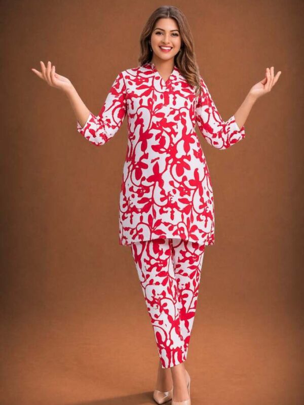 Red Print on light base co-ord set - Cotton