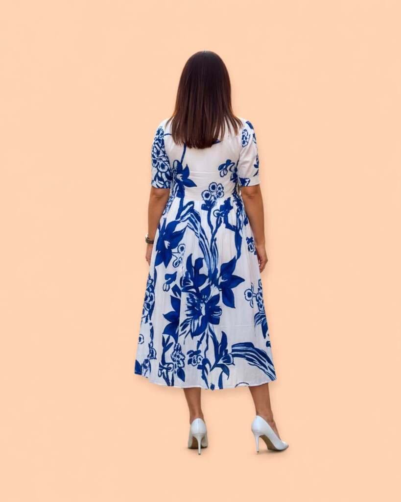 Women's White and Blue Floral Print Midi Dress, V-Neck, Half Sleeves, Fit and Flare Style - Image 2