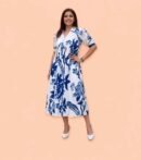 Women's White and Blue Floral Print Midi Dress, V-Neck, Half Sleeves, Fit and Flare Style