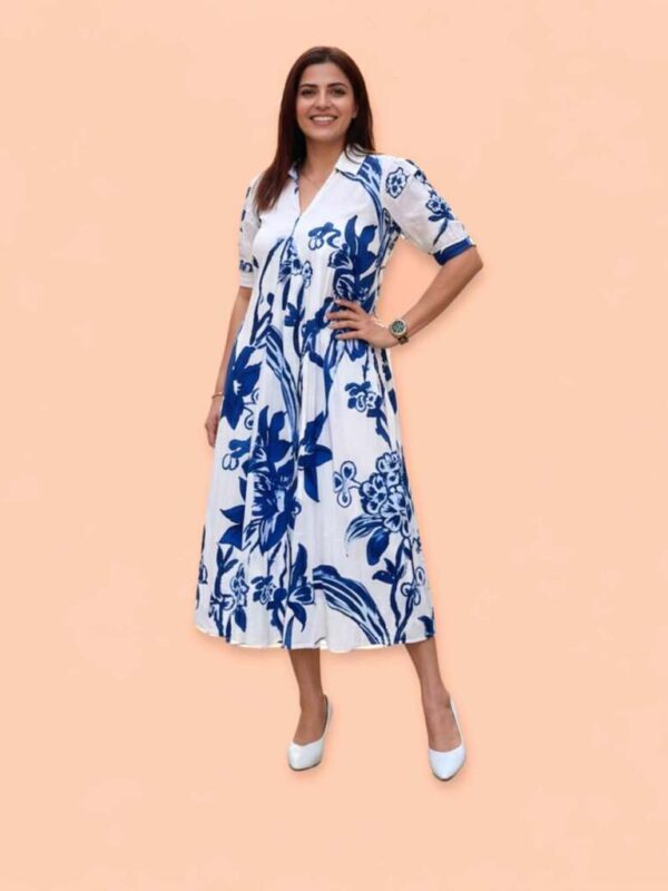 Women's White and Blue Floral Print Midi Dress, V-Neck, Half Sleeves, Fit and Flare Style