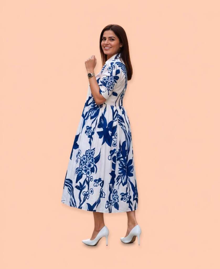 Women's White and Blue Floral Print Midi Dress, V-Neck, Half Sleeves, Fit and Flare Style - Image 4