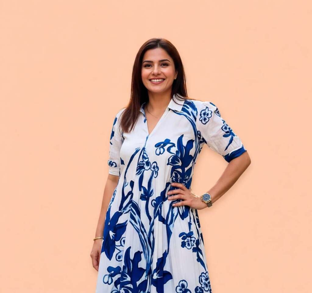 Women's White and Blue Floral Print Midi Dress, V-Neck, Half Sleeves, Fit and Flare Style - Image 3