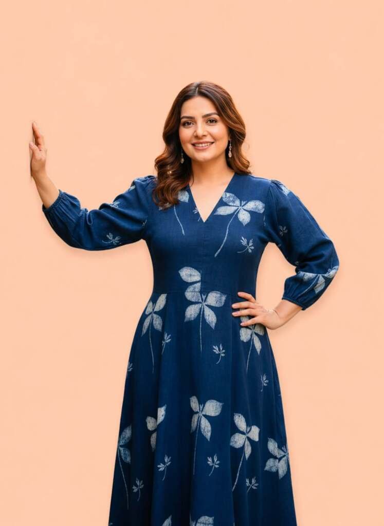 Women's Indigo Blue Leaf Print Midi Dress, V-Neck, Puff Sleeves, Flared A-Line Silhouette - Image 3