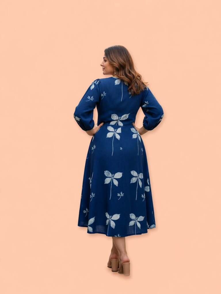 Women's Indigo Blue Leaf Print Midi Dress, V-Neck, Puff Sleeves, Flared A-Line Silhouette - Image 2