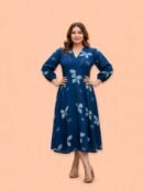 Women's Indigo Blue Leaf Print Midi Dress, V-Neck, Puff Sleeves, Flared A-Line Silhouette