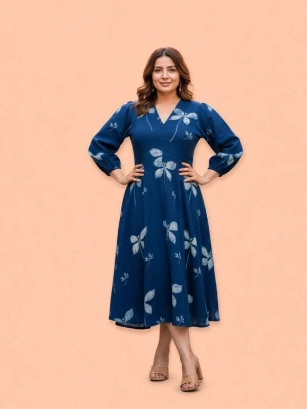Women's Indigo Blue Leaf Print Midi Dress, V-Neck, Puff Sleeves, Flared A-Line Silhouette