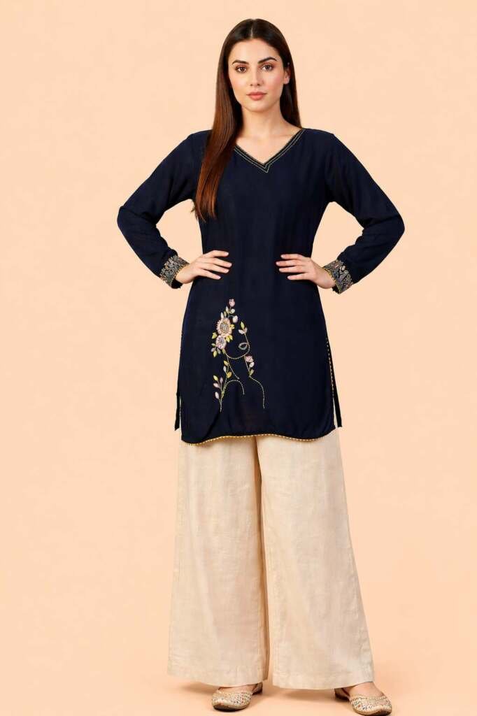 Black Embroidered Short Kurti , Floral Embroidery, V-Neck, Full Sleeves, Cotton Blend