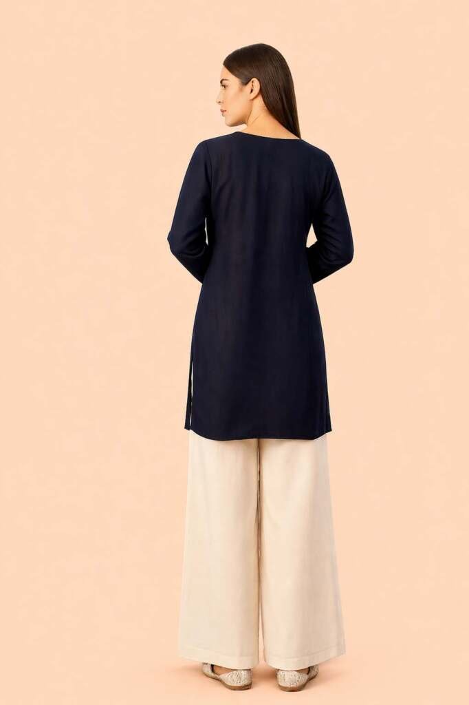 Black Embroidered Short Kurti , Floral Embroidery, V-Neck, Full Sleeves, Cotton Blend - Image 3