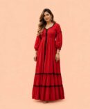 Women's Red Tiered Maxi Dress with Black Pom-Pom Trim, V-Neck Long Puff Sleeve Cotton Blend Ethnic Gown, Lightweight