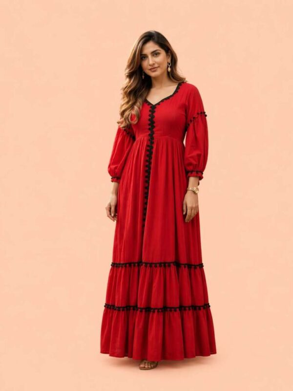 Women's Red Tiered Maxi Dress with Black Pom-Pom Trim, V-Neck Long Puff Sleeve Cotton Blend Ethnic Gown, Lightweight