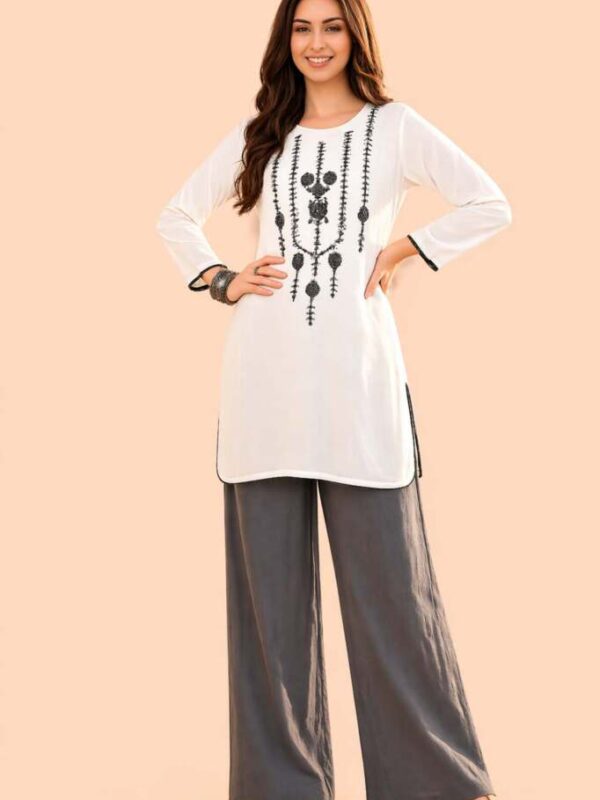 Women’s White Embroidered Short Kurti  – Elegant Ethnic Co-Ord Set
