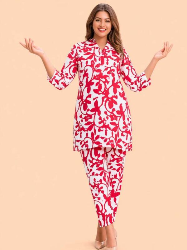 Red Print on light base co-ord set - Cotton