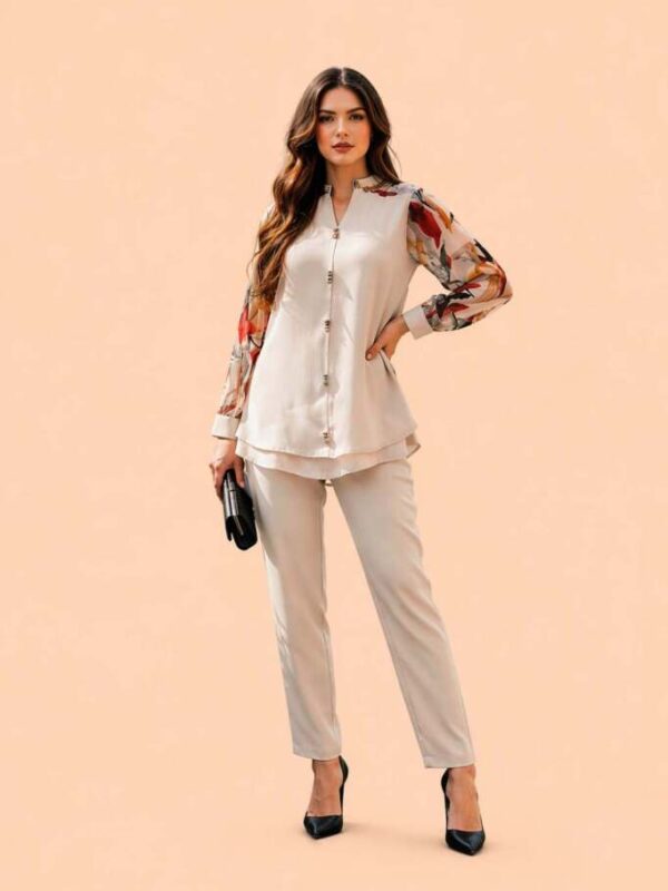 Women’s Beige Printed Sleeve Co-Ord Set with Buttoned Top & Plazzo-Cotton