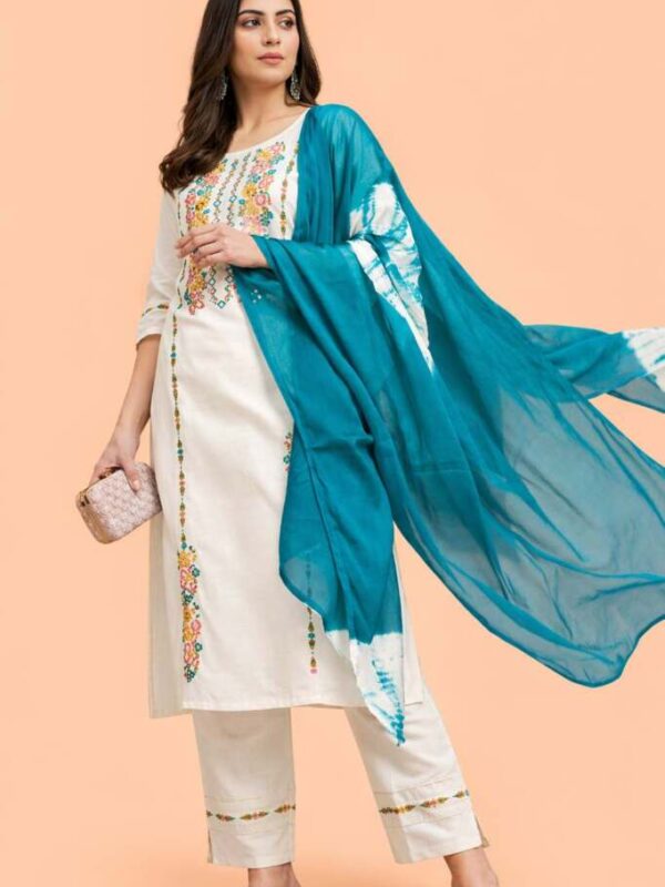 Floral Embroidered Kurta Pant Set with Teal Tie-Dye Dupatta, Off-White, Festive and Casual Ethnic Wear - Cotton
