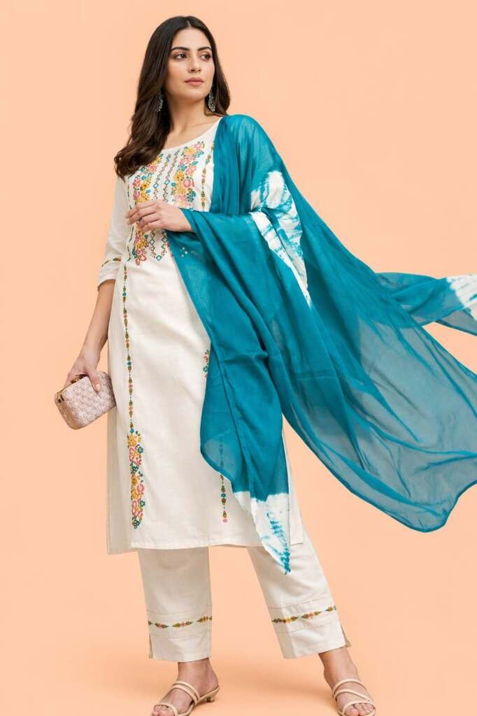 Floral Embroidered Kurta Pant Set with Teal Tie-Dye Dupatta, Off-White, Festive and Casual Ethnic Wear - Cotton