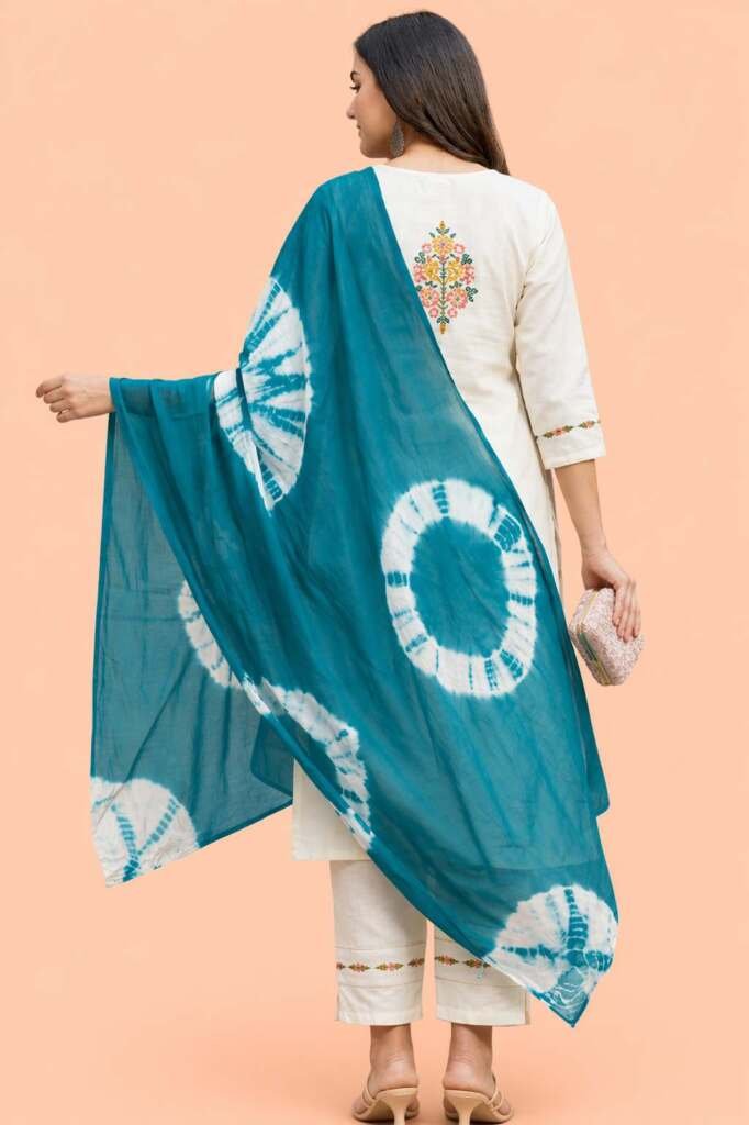 Floral Embroidered Kurta Pant Set with Teal Tie-Dye Dupatta, Off-White, Festive and Casual Ethnic Wear - Cotton - Image 2
