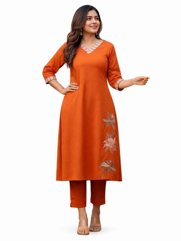 Elegant Burnt Orange V-Neck Kurta Set with Floral Embroidery & Plazzo - Cotton