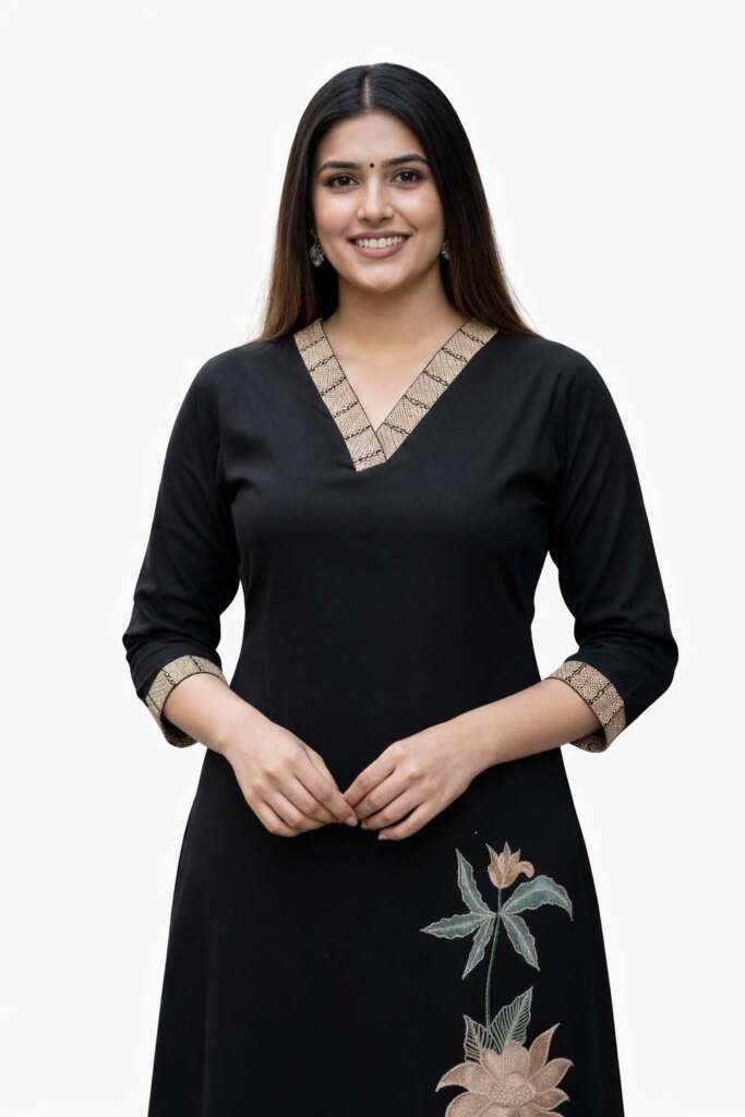 Women’s Black Floral Printed Straight Kurta with Pant (Ethnic Kurti Set) - Image 3
