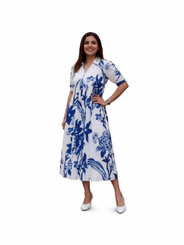 Women's White and Blue Floral Print Midi Dress, V-Neck, Half Sleeves, Fit and Flare Style