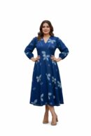 Women's Indigo Blue Leaf Print Midi Dress, V-Neck, Puff Sleeves, Flared A-Line Silhouette