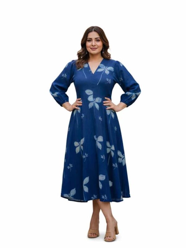 Women's Indigo Blue Leaf Print Midi Dress, V-Neck, Puff Sleeves, Flared A-Line Silhouette