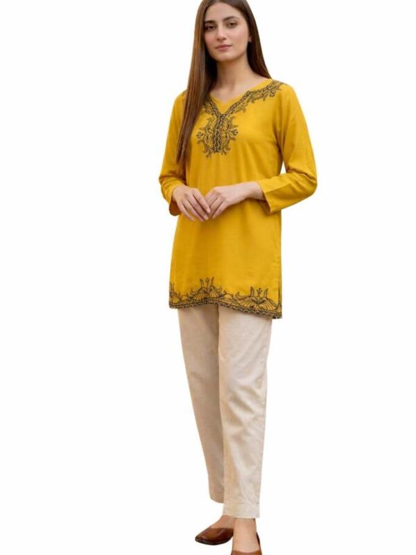 Mustard Yellow Embroidered Kurti, V-Neck, Fabric viscose rayon, Ethnic Wear