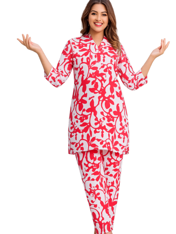 Red Print on light base co-ord set - Cotton