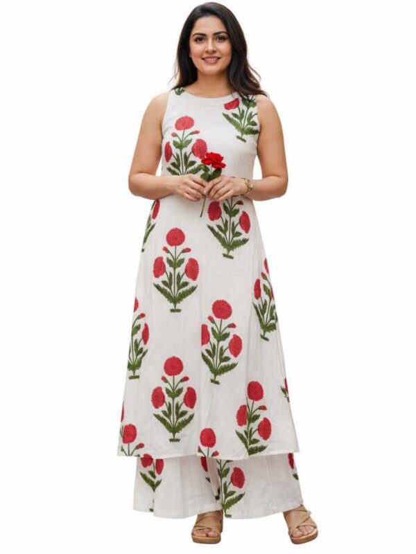 White-Floral Kurti with Plazzo -Cotton
