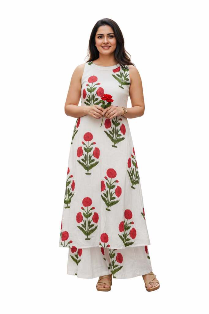 White-Floral Kurti with Plazzo -Cotton