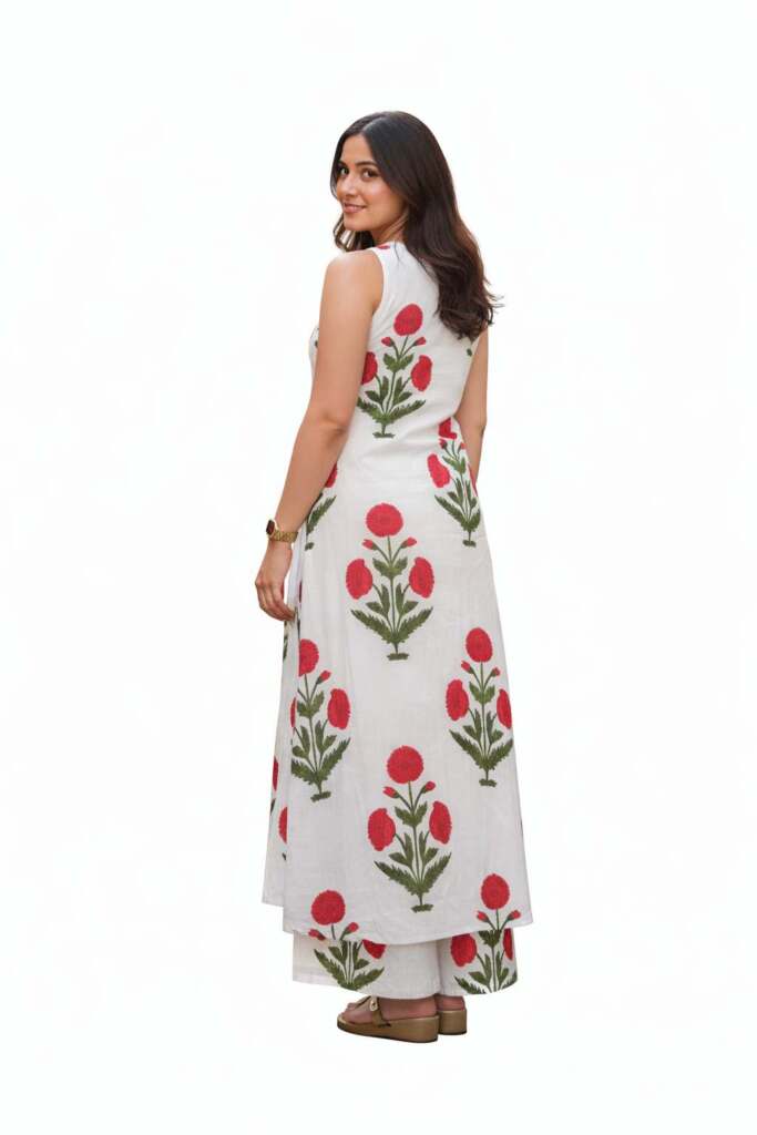 White-Floral Kurti with Plazzo -Cotton - Image 2