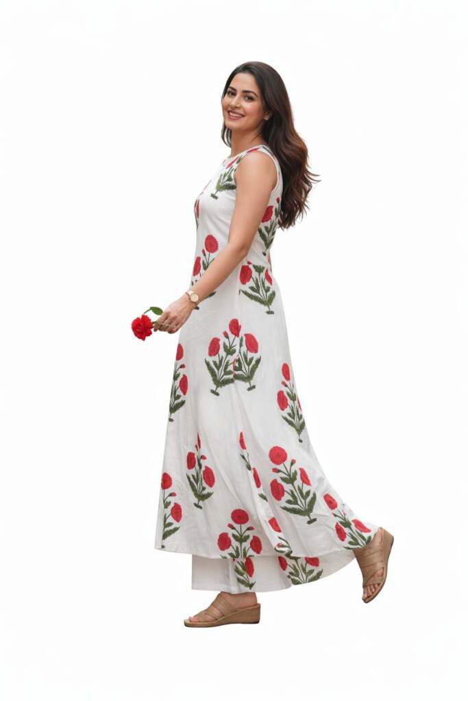 White-Floral Kurti with Plazzo -Cotton - Image 4