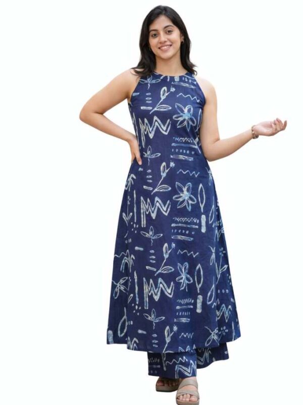 Blue-Floral printed Kurta with Plazzo - Cotton