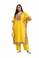 Women’s Yellow Embroidered Kaftan Kurti Set with Multicolor Ethnic Detailing