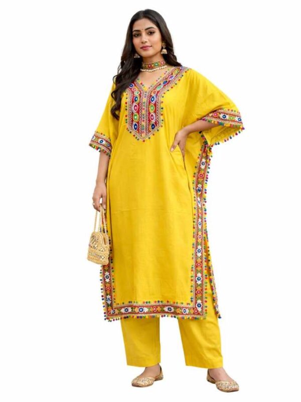 Women’s Yellow Embroidered Kaftan Kurti Set with Multicolor Ethnic Detailing