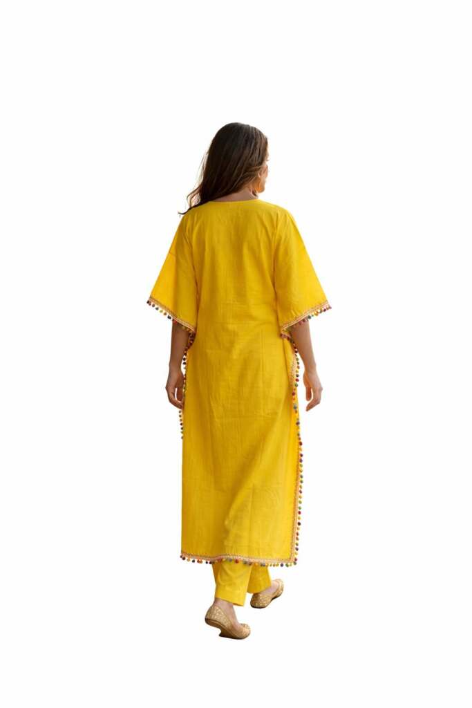 Women’s Yellow Embroidered Kaftan Kurti Set with Multicolor Ethnic Detailing - Image 3