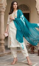 Floral Embroidered Kurta Pant Set with Teal Tie-Dye Dupatta, Off-White, Festive and Casual Ethnic Wear - Cotton