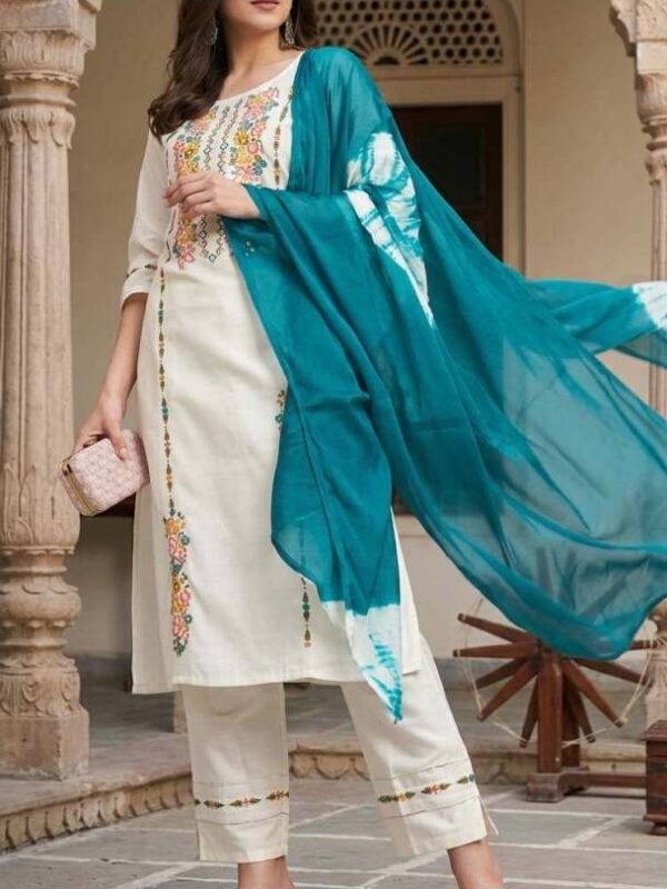 Floral Embroidered Kurta Pant Set with Teal Tie-Dye Dupatta, Off-White, Festive and Casual Ethnic Wear - Cotton