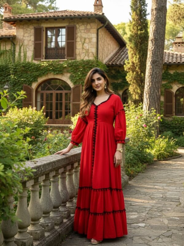 Women's Red Tiered Maxi Dress with Black Pom-Pom Trim, V-Neck Long Puff Sleeve Cotton Blend Ethnic Gown, Lightweight