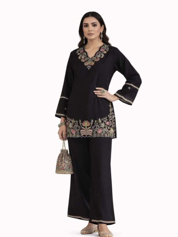 Women’s Black Embroidered Kurta with Palazzo Set 2-Piece Ethnic Outfit - Cotton